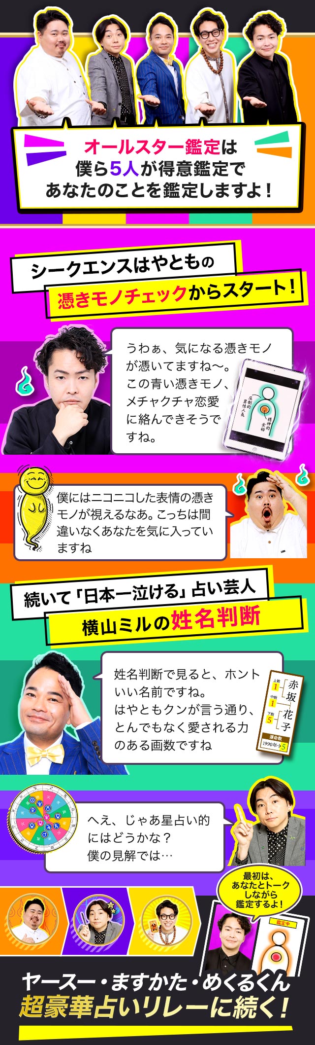 オールスター鑑定は僕ら5人が得意鑑定であなたのことを鑑定しますよ！ シークエンスはやともの憑きモノチェックからスタート！ 続いて「日本一泣ける」占い芸人横山ミルの姓名判断 ヤースー・ますかた・めくるくん 超豪華占いリレーに続く！