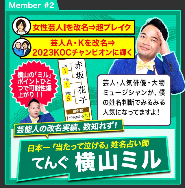 Member #2 芸能人の改名実績、数知れず！ 日本一「当たって泣ける」姓名占い師 てんぐ横山ミル