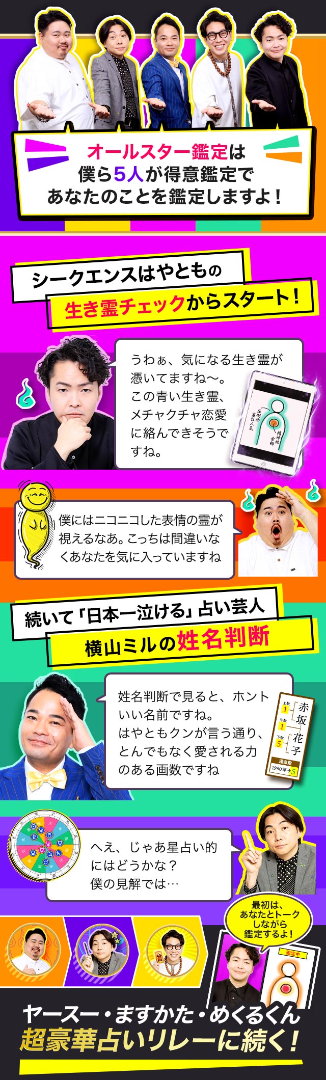 オールスター鑑定は僕ら5人が得意鑑定であなたのことを鑑定しますよ！ シークエンスはやともの生き霊チェックからスタート！ 続いて「日本一泣ける」占い芸人横山ミルの姓名判断 ヤースー・ますかた・めくるくん 超豪華占いリレーに続く！